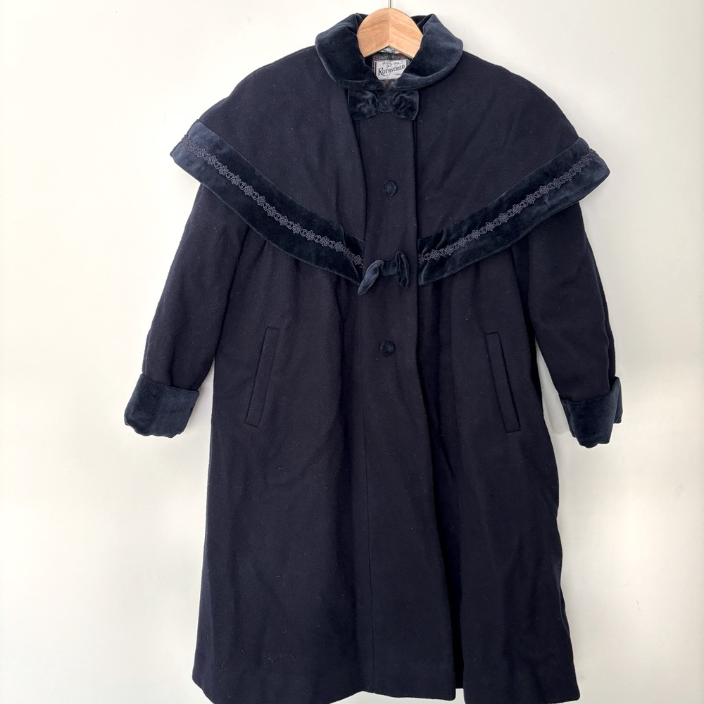 VTG Rothschild Wool Dress Cape Coat-Navy Blue-Velvet Trim-Bows-Girl's Size 8